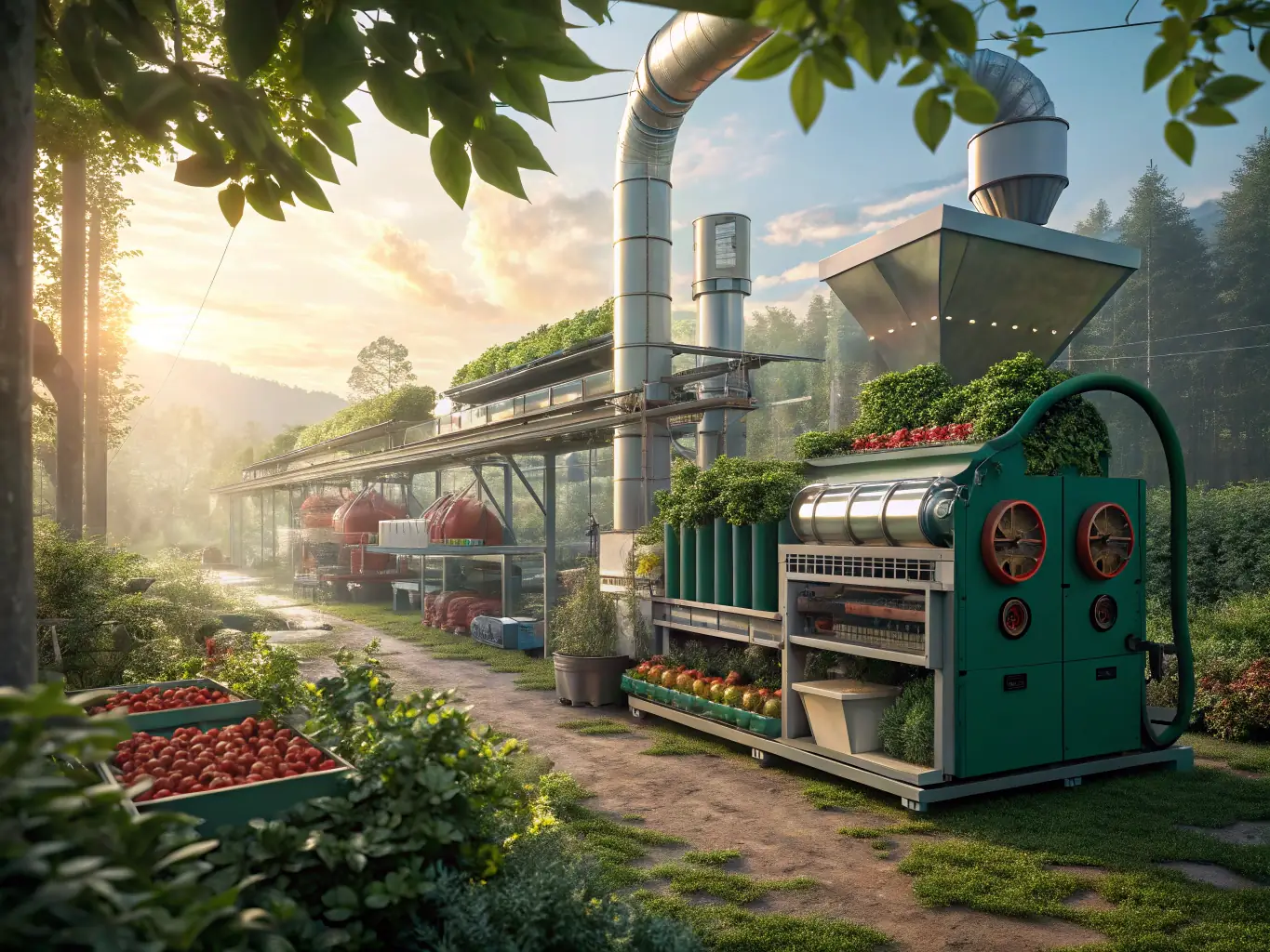 A dynamic visual representation of a zero-waste processing facility, showcasing the transformation of agricultural waste into valuable by-products like organic fertilizers and biogas.