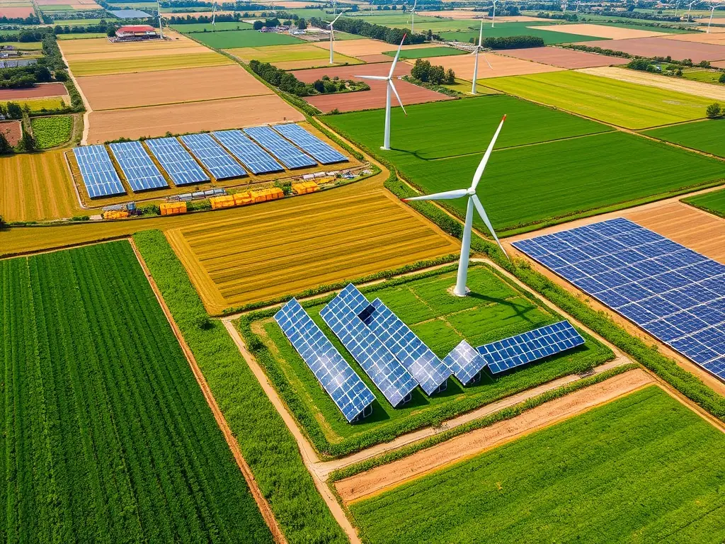 A detailed aerial view of a modern, sustainable farm showcasing a circular energy system with biogas digesters and renewable energy sources, set against a backdrop of lush equatorial landscape.