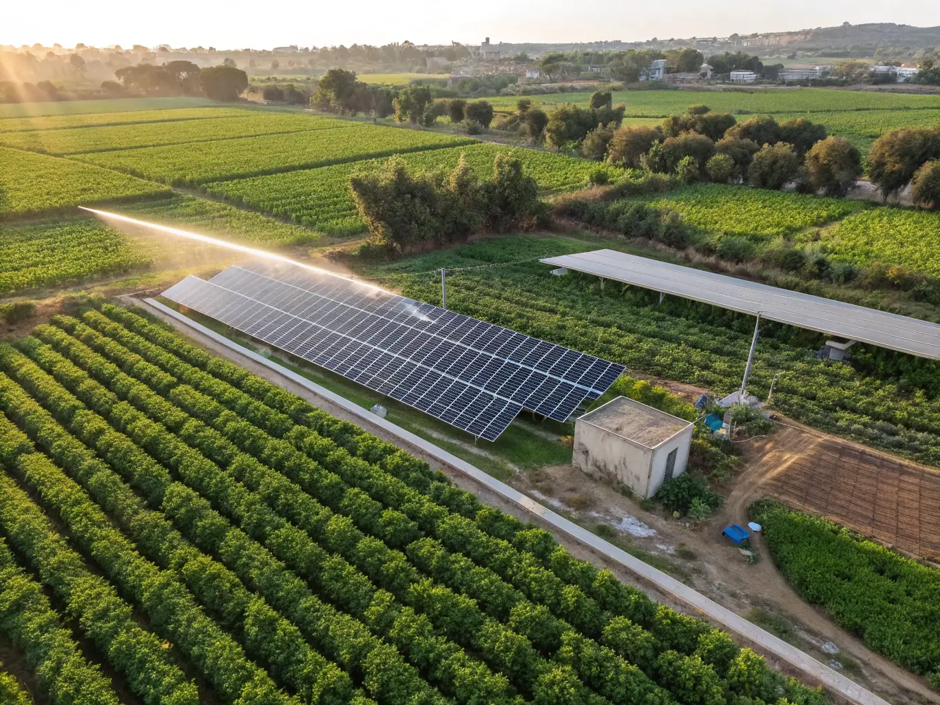 A vibrant image of a solar-powered irrigation system in operation, watering rows of crops in an equatorial farm, highlighting the efficiency and sustainability of the technology.